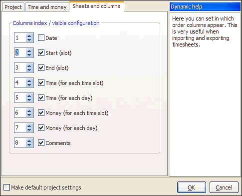 configuration of columns in time sheets