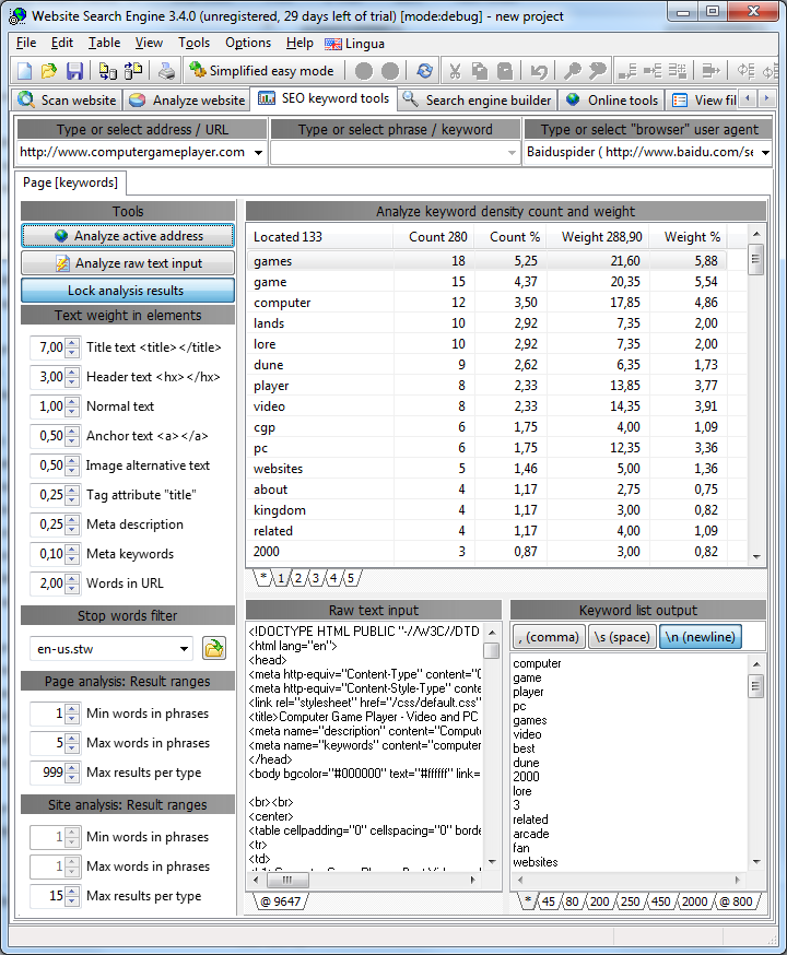 A1 Website Search Engine 3.4.0 in Windows 7 - configure weight of different page elements