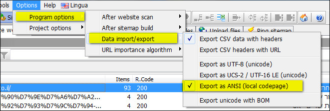 A1 export csv data files as Unicode or codepage