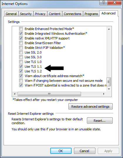 Windows internet options for SSL and TLS