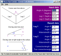 Corner version 1.x on Windows - shows main window where corner angels are entered and calculated. screenshot