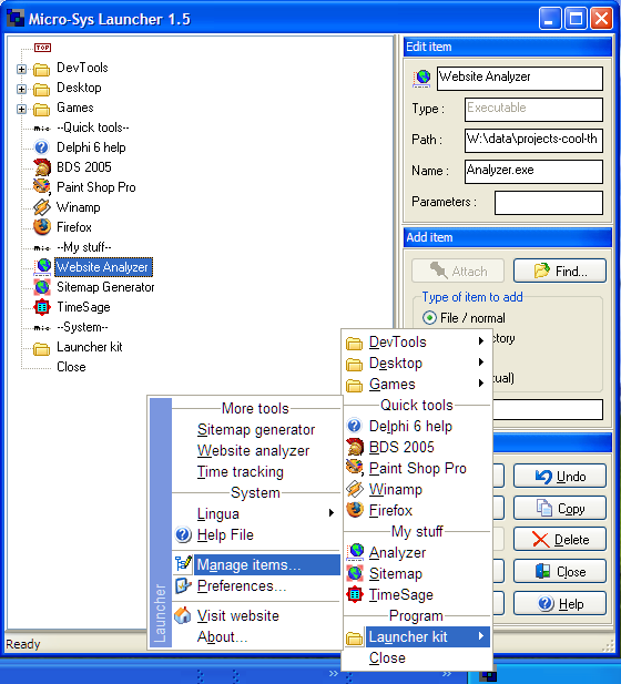 Launcher version 1.5 on Windows XP - systray menu and "Manage Items" window 