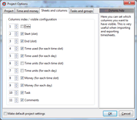 TimeSage Timesheets version 2.1.1 in Windows 7 - project columns screenshot