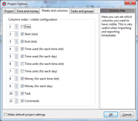 TimeSage Timesheets version 2.1.1 in Windows 7 - project columns 